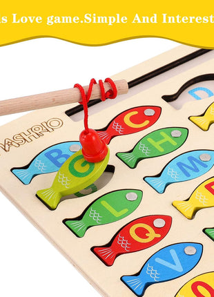 Magnetic Wooden Fishing Game Toy for Preschoolers, Alphabet Fish Catching Counting Games Puzzle with Numbers and Letters, Preschool Learning ABC and Math Educational Toys for 3 4 5 Years Old Kids