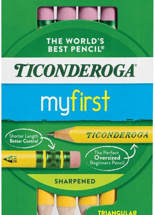Ticonderoga My First Short Triangular Wood-Cased Pencils, #2 HB Soft, With Erasers, Yellow, 4 Count