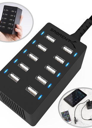 SABRENT 60W 10-Port USB Charging Station, Auto-Detect (AX-TPCS) | 12A family-sized desktop rapid charger; smart auto-detect USB ports; UL certified; black; usb power strip; usb charging hub
