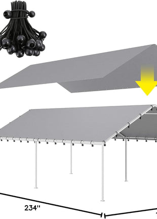DWALE 10 x 20 Ft Carport,Replacement Canopy Cover Garage Top Tent Shelter Tarp,Grey with 48 Ball Bungee Cords Waterproof & UV Protected (Only Tarp Cover, Frame Not Include)