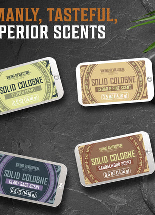Viking Revolution 4 Pack Mens Solid Colognes 0.5 Oz - Men Solid Perfume with Cedar Wood, Clary Sage, Vetiver, Sandalwood Cologne for Mens - Travel Cologne Wax Gifts for Men