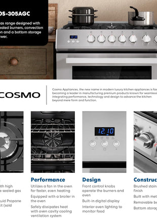 COSMO COS-305AGC 30 in. 5.0 cu. ft. Freestanding Single Oven Gas Range with 5 Burner Cooktop and Heavy Duty Cast Iron Grates in Stainless Steel