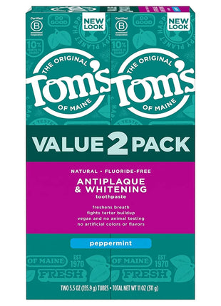 Tom's of Maine Antiplaque and Whitening Toothpaste, Peppermint, 2Pk, 5.5 oz | Fluoride Free, Freshens Breath, Fights Tartar Buildup, Vegan, No Animal Testing, No Artificial Colors or Flavors