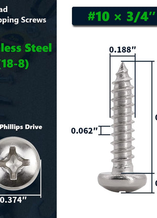 #10 x 3/4 inch (100 Pack) Stainless Steel Phillips Pan Head Wood Screws, Stainless Steel 304 (18-8), Pan Head Sheet Metal Screws Self Tapping for Wood