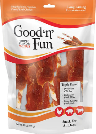 Good 'n' Fun Triple Flavor Wings Chews for All Dogs, 12 Ounces, Treat Your Dog to Long-Lasting Chews Made from Chicken, Pork Hide and Beef Hide