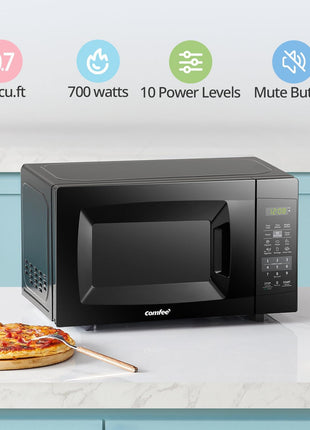 COMFEE' Countertop Microwave Oven, 0.7 Cu.Ft, 700W, Black, ECO Mode | Sound On/Off, One-Touch Buttons, Child Safety Lock, for Dorm, Apartment, Office
