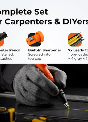 THORVALD New 3-in-1 Carpenter Pencils with Finger Grip for Construction - Incl. 7 Leads + Sharpener - Solid Mechanical Pencils with Fine Point/Best Marking tools Construction/Carpenters/Scriber