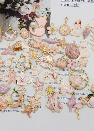 40pcs(20PAIRS) Assorted Gold Tone Enamel Animals Fruit Moon Star Dainty Dangle Flowers Pendants Charms for Jewelry Making Necklace Bracelet, Pink Theme