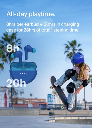 Belkin SoundForm Nano 2 Bluetooth Earbuds for Kids with Built-in Microphone, 28H Battery Life, Safe 85dB Volume, IPX5 Water Resistance - Kids Bluetooth Earbuds for iPhone, iPad, Galaxy, & More - Blue
