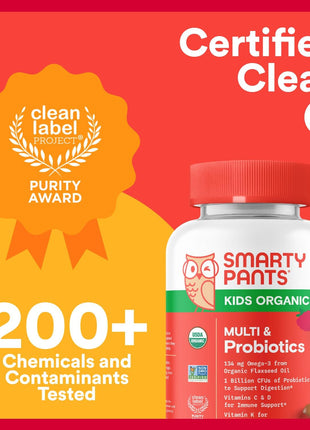 SmartyPants Organic Kids Multivitamin Gummies: Probiotics, Omega 3 (ALA), Vitamin D3, C, Vitamin B12, B6, A, K & Zinc for Immune Support, Biotin, Three Fruit Flavors, 120 Count (30 Day Supply)