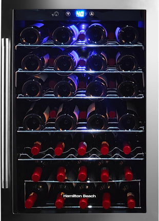 Hamilton Beach HBWF4303, 43-Bottle Wine Cooler Fridge Cellar with Curved Wire Shelves, Digital Control, Mirror Finish
