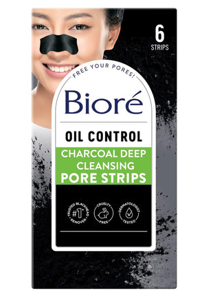 Biore Charcoal Blackhead Remover Pore Strips, Deep Cleansing Nose Strips for Removal and Unclogging, 3X Less Oil, 6 Count