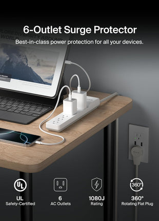 Belkin 6-Outlet Surge Protector Power Strip, 6ft Cord, 360° Rotating Plug - 1080 Joules Protection