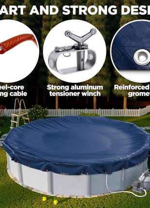 24 ft Round Pool Cover for Above Ground Pools, Above Ground Pool Cover, Swimming Pool Cover, Winter Pool Cover, Keeps Out Debris, Cold and UV Resistant, Supreme Mesh, Navy Blue