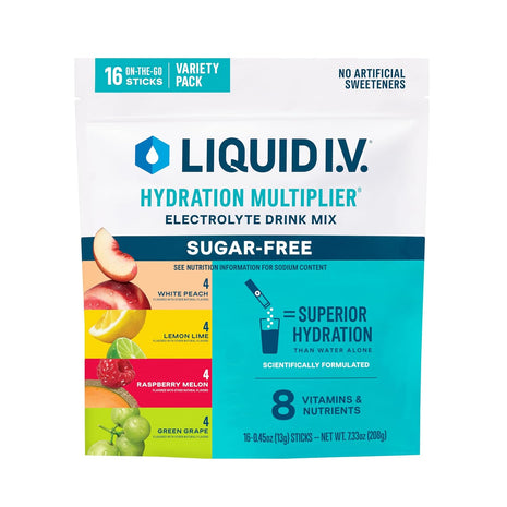 Liquid I.V. Hydration Multiplier Sugar Free   Raspberry Melon, Lemon Lime, White Peach, Green Grape | Electrolyte Powder Drink Mix | 1 Pack (16 Servings)