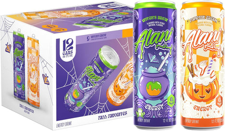 Alani Nu VARIETY PACK - WITCH'S BREW & PUMPKIN CREAM Sugar Free, Low Calorie Energy Drinks, 200mg Caffeine, Antioxidants, Biotin B Vitamins, Zero Sugar, 15 Calories or Less, 12 Fl Oz Cans (12 Pack)