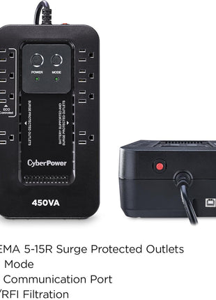 CyberPower EC450G Ecologic Battery Backup & Surge Protector UPS System, 450VA/260W, 8 Outlets, ECO Mode, Compact Uninterruptible Power Supply