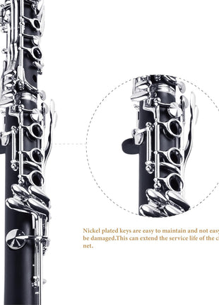 YANASON Bb clarinet for beginners, Bb nickel-plated 17-keys clarinet, suitable for students, professionals, school bands with Hard Foam Case,Barrels*2,Pads*8,Stand, Cleaning Kit,Gloves,Strap,Reeds*8