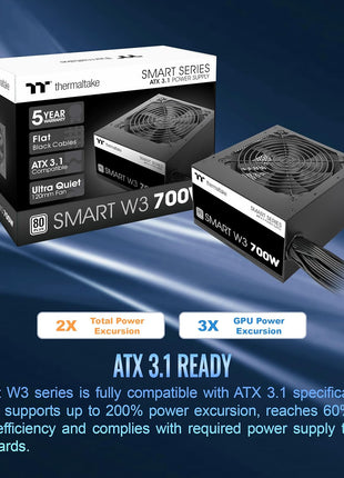 Smart W3 Series 80Plus Certified 700W Power Supply; ATX v3.1 Spec; 120mm FDB Fan; 5 Year Warranty; PS-SPW-0700NNFAWU-1