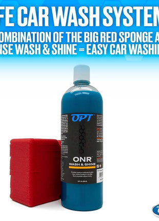 Optimum No Rinse Version 5 (32 Oz), Microfiber Drying Towel, and Big Red Sponge (BRS) Car Cleaning Kit, ONR Rinseless Car Wash, Drying Towel, and Wash Sponge for Washing and Auto Detailing