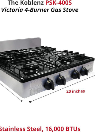Koblenz PSK-400S 4 Portable Porcelain Cover and Four 16, Silver, Stainless | 000 BTU Burners, Stainless Steel Stove for Propane Gas, Silver, For Home and Kitchen, Sleek Modern Design, Quality Build