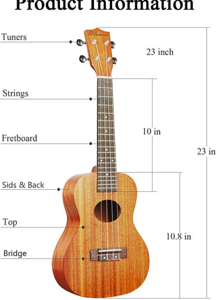Ulumac Concert Ukulele, Solid Mahogany 23inch Ukelele for Adults Kids Beginner with Gig Bag, Digital Tuner, Replacing Strings, 3 Guitar Picks, Strap, Cloth