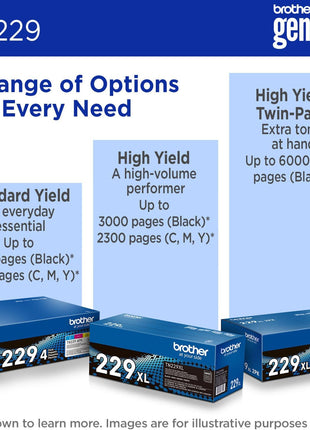 Brother Genuine TN229Y Yellow Standard Yield Printer Toner Cartridge - Print up to 1,200 Pages(1) | Brother Genuine TN229 toner with mobile tracking for reports, presentations and professional documents