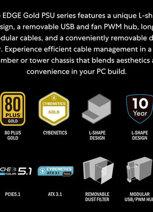 Lian Li EDGE850W Fully Modular Low-Noise ATX Power Supply - ATX 3.1 & PCIE 5.1 Compliant - Cybenetics Gold Efficiency - 12V-2x6 Cable - L-Shape Design - Without USB/Fan Hub - Black (EG0850G.B)