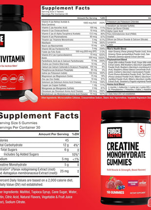 Force Factor Creatine Monohydrate Gummies & Men's Multivitamin, 5g Creatine for Muscle, Recovery & Performance + 27 Nutrients to Support Energy & Immune Function, 150 Mixed Berry Gummies + 60 Tablets