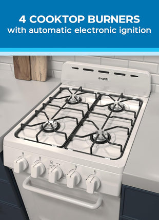 Avanti Gas Range Oven, Compact Freestanding Design, 4 Burners with Electronic Ignition, 2.1 Cu.Ft. Capacity Features Solid Door Storage Drawer Broiler and Accessories, 20-Inch, White