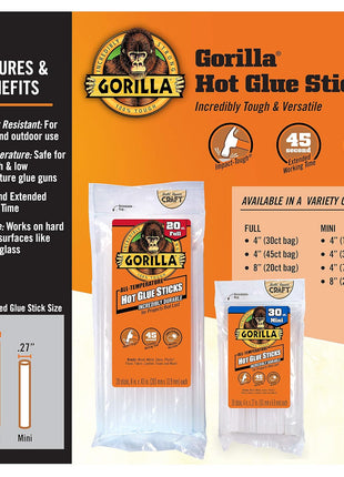 Gorilla Hot Glue Sticks, Clear Glue, Full Size 8 inch Long x 0.43 inch Diameter, 20 Count (Pack of 1) - Safe for All Temperatures with Extended Working Time