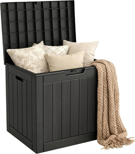 Mars Villa 31 Gallon Deck Box, Waterproof Weatherproof and UV Resistant Resin Storage Bin with Lockable Lid, for Outdoor Patio Furniture Cushions, Pool Supplies, Garden Tools, Black