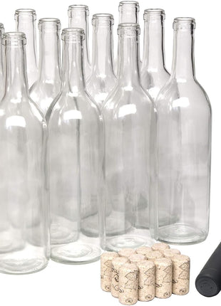 North Mountain Supply 750ml Glass Bordeaux Wine Bottle Flat Bottomed Cork Finish   with #8 Premium Natural Corks & PVC Shrink Capsules   Case of 12