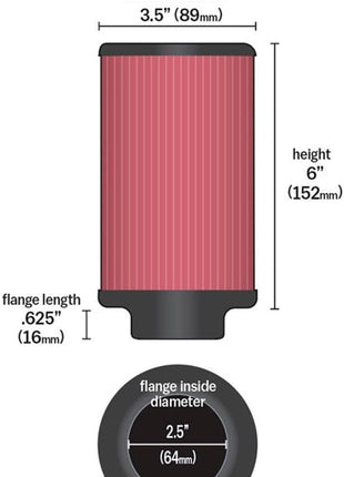 K&N High-Flow Original Lifetime Universal Clamp-On Air Filter: High Performance, Premium, Washable: Flange Diameter: 2.5 In, Filter Height: 6 In, Flange Length: 0.625 In, Shape: Round, RD-0720