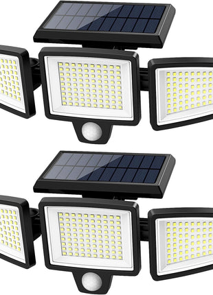 Tuffenough Solar Outdoor Lights 2500LM 210 LED Security Lights with Remote Control,3 Heads Motion Sensor Lights, IP65 Waterproof,270° Wide Angle Flood Wall Lights with 3 Modes(2 Packs)