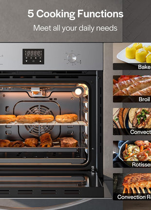 Empava Single Gas Wall Oven with 5 Cooking Funcitons, 24 inch Built-in Wall Convection Natural Gas Oven with Mechanical Control Knobs, Digital Display Panel, Stainless Steel