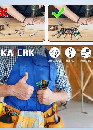 Push to Unlock,Katerk 6pcs 1/4 inch Hex Shank Aluminum Alloy Screwdriver Bit Holder Light-Weight Quick-Change Extension Bar Keychain Drill Screw Adapter Portable,Black Carabiner,Tool Gifts for Men