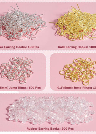 Hypoallergenic Earring Hooks, 600 Pcs Earring Making Supplies Kit with Earring Hooks, Jump Rings and Earring Backs for Jewelry Making (Silver and Gold)
