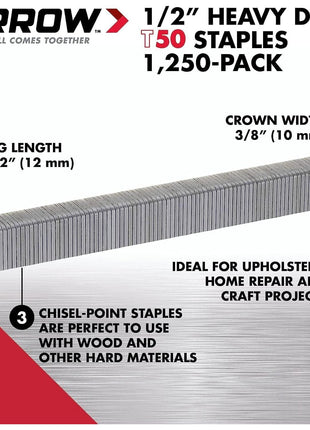 Arrow 508 Heavy Duty T50 1/2-Inch Leg Length, 3/8-Inch Crown, Staples for Upholstery, Construction, Furniture, Crafts, 1250 Count(Pack of 1)