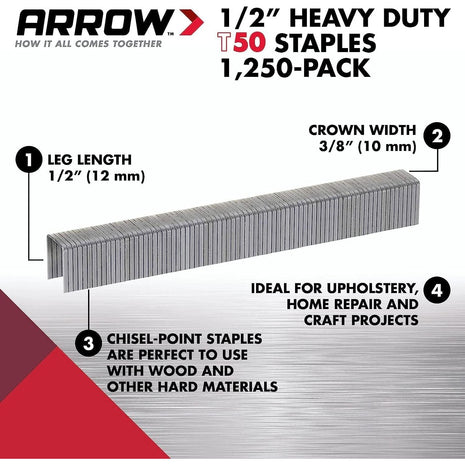 Arrow 508 Heavy Duty T50 1/2-Inch Leg Length, 3/8-Inch Crown, Staples for Upholstery, Construction, Furniture, Crafts, 1250 Count(Pack of 1)