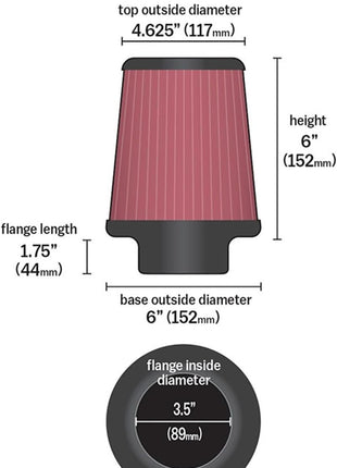 K&N High-Flow Original Lifetime Universal Clamp-On Air Filter: High Performance, Premium, Washable: Flange Diameter: 3.5 In, Filter Height: 6 In, Flange Length: 1.75 In, Shape: Round Tapered, RE-0950