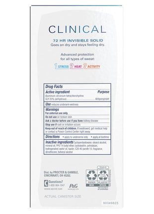 Secret Clinical Strength Invisible Solid Antiperspirant Deodorant for Women, 100HR Sweat & Odor Protection, 3X Stress Protection with Hyaluronic Acid, PH Balanced, Completely Clean Scent, 2.6 oz