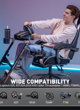 GTPLAYER Sim Racing Wheel Stand Simulator Cockpit Wheel Stand fit for Logitech G25 G27 G29 G920 G923 Thrustmaster T330TS Gaming Stand Wheel Pedals NOT Included, Deep Black With Cup Holder