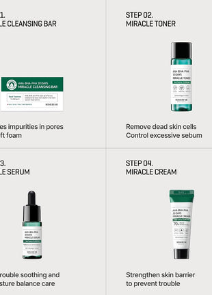 SOME BY MI AHA BHA PHA 30Days Starter Kit - Toner 1.01Oz, Serum 0.33Oz, Cream 0.7Oz, Cleansing Bar 1.05Oz - Mild Exfoliating Daily Skin Care Set - Skin Wastes, Sebum, Oiliness Care - Korean Skin Care