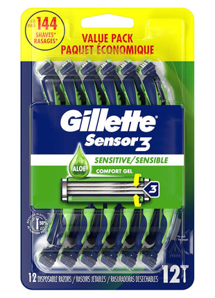 Gillette Sensor3 Sensitive Men's Disposable Shaving Razors, 12 Count