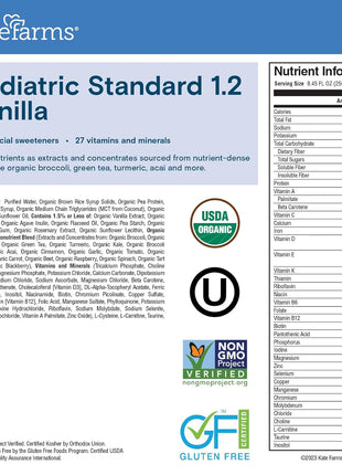 KATE FARMS Organic Plant Based Pediatric 1.2 Sole Source Vanilla Nutrition Shake, 12g of protein, 27 Vitamins and Minerals, Meal Replacement Drink for Kids, Non-GMO, 8.45 Fl oz (Pack of 12)