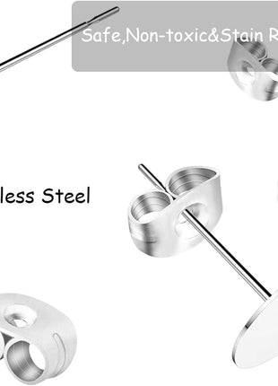 450PCS Earring Posts Stainless Steel Flat Pad,Hypoallergenic Stud Earrings with Butterfly and Rubber Bullet Earring Backs for Jewelry DIY Making Findings (Silver) (Silver)
