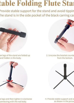 Closed Hole C Flute 16 Keys Instrument for Student Beginners with Cleaning Kit, Stand, Carrying Case, Gloves and Tuning Rod