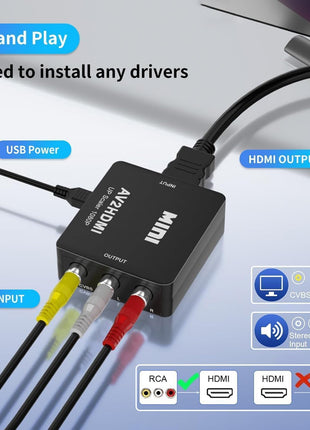BD&M RCA to HDMI Converter, Composite to HDMI Adapter Support 1080P PAL/NTSC Compatible with PS one, PS2, PS3, STB, Xbox, VHS, VCR, Blue-Ray DVD Players