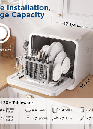 Portable Countertop Dishwasher, 7L Detachable Water Tank, 6 Programs,No Hookup Needed, 192°F Hi-Temp Hygiene, Hybrid Drying & Preserve Fuction, Mini/Small Dishwasher for RV & Apartment,Black